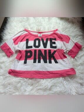PINK Victoria's Secret Girls' Striped 'LOVE PINK' Tee - Pink & White Y2k 2000s